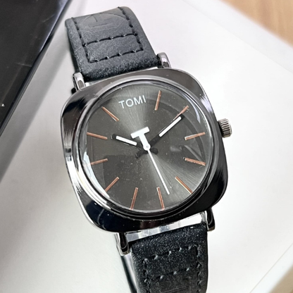 TOMI Silver Leather Strap Watch – Waterproof & Elegant