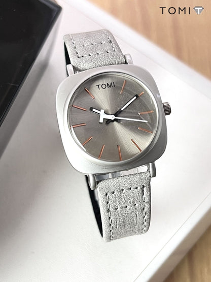 TOMI Silver Leather Strap Watch – Waterproof & Elegant