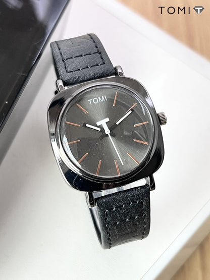 TOMI Silver Leather Strap Watch – Waterproof & Elegant